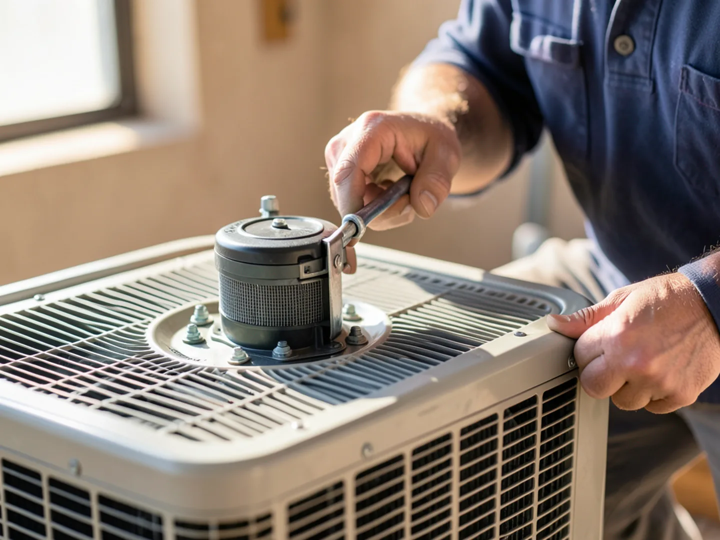 Replacement condenser fan motor installed in outdoor AC cabinet