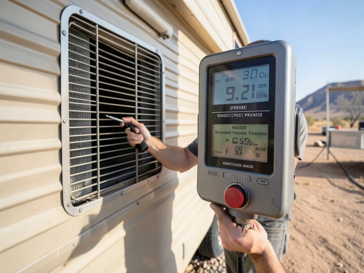 Digital manometer measuring static pressure on mobile home blower compartment