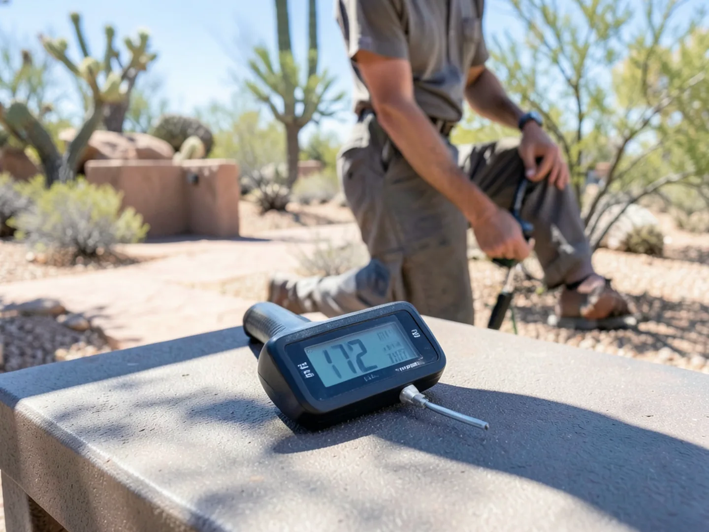 Digital thermometer displaying outdoor ambient temperature over 110 degrees
