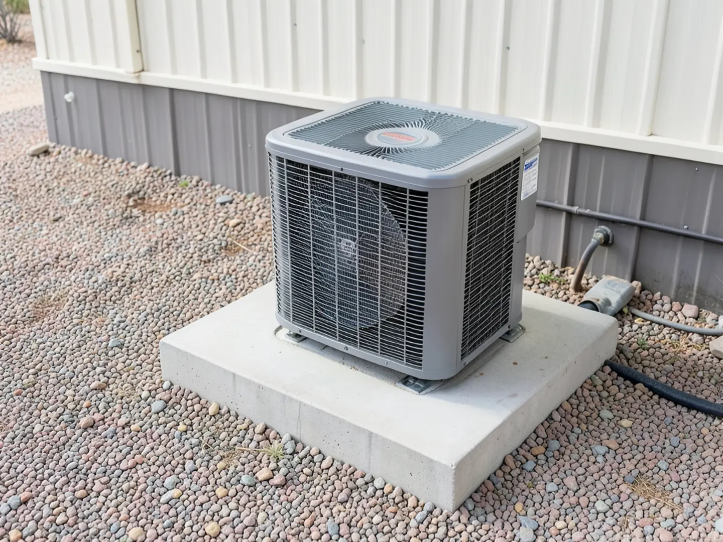 Ground package unit installed beside vinyl skirting on a manufactured home