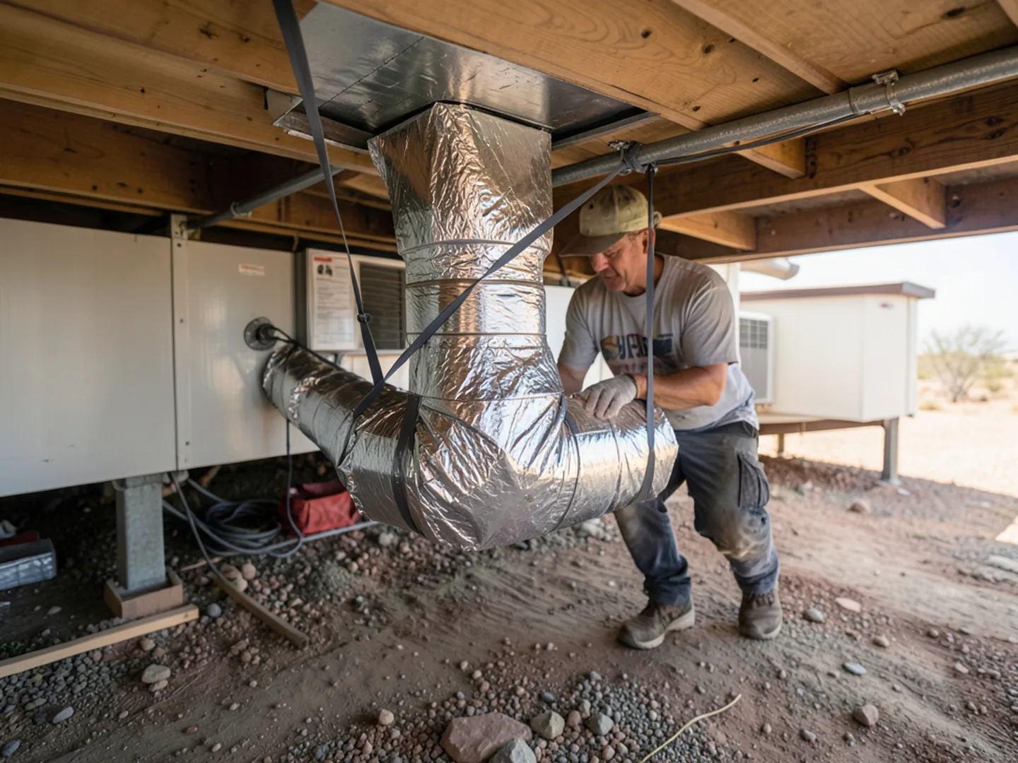 Insulated flexible crossover duct beneath a manufactured home