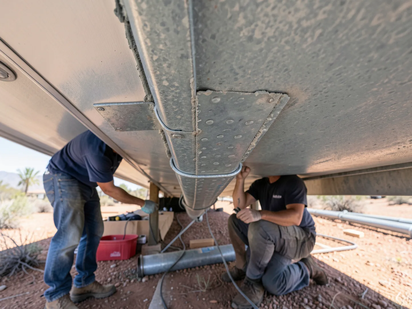 Stamped steel supply trunk line run through a mobile home underbelly
