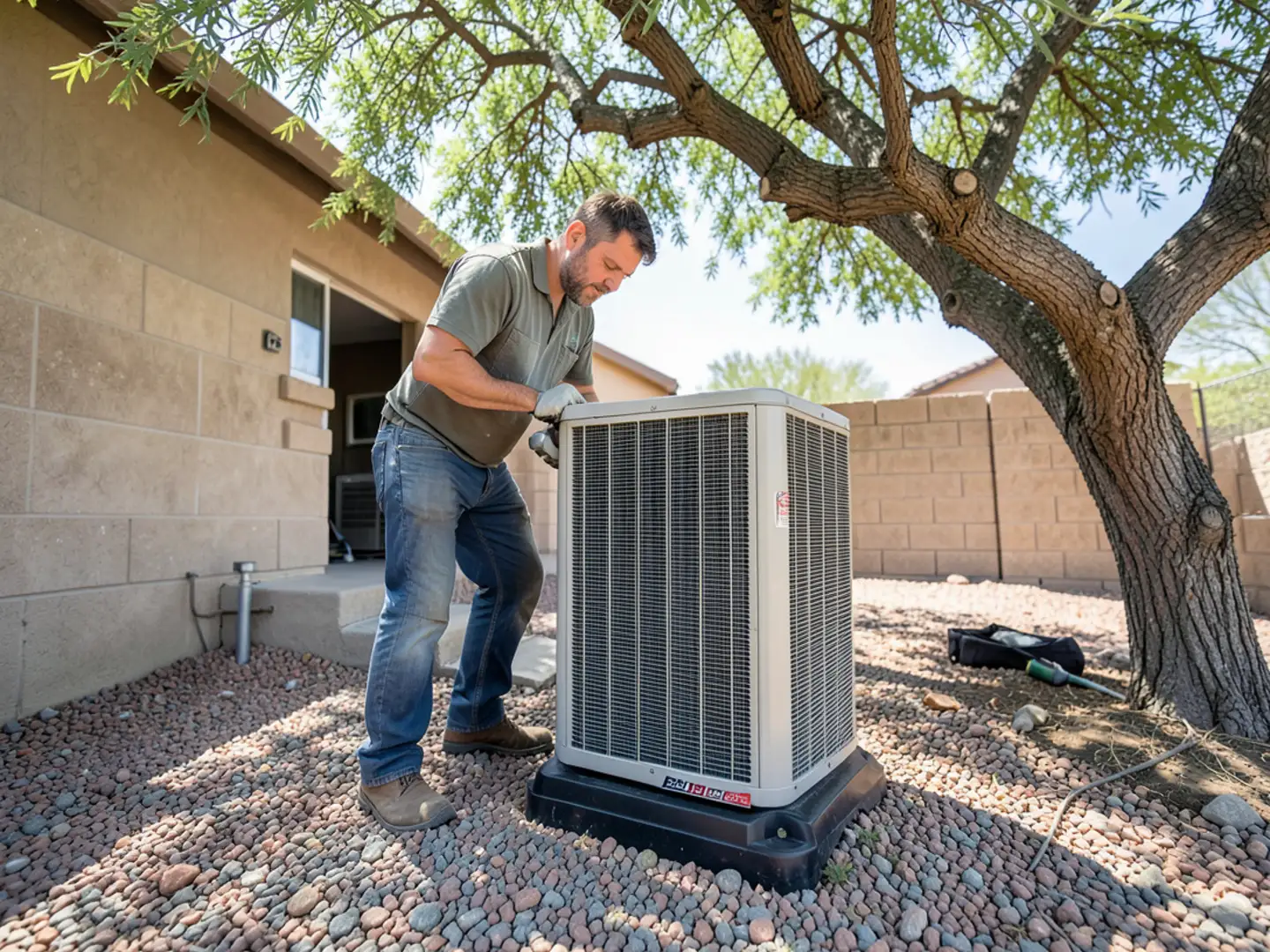 Outdoor split system condenser unit installed beside stucco wall in Red Mountain Ranch
