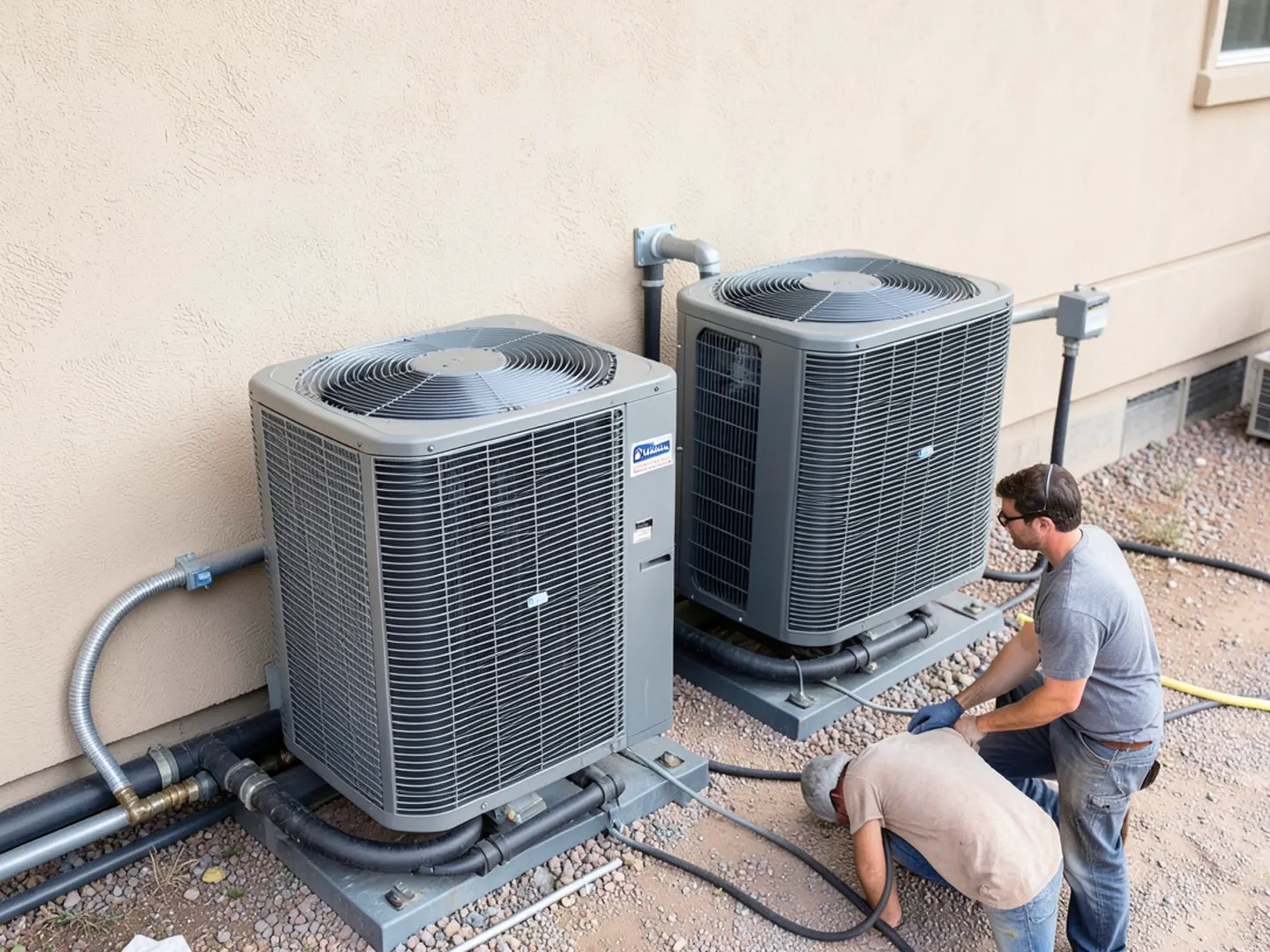 Dual split AC condensers installed side by side in a Queen Creek side yard