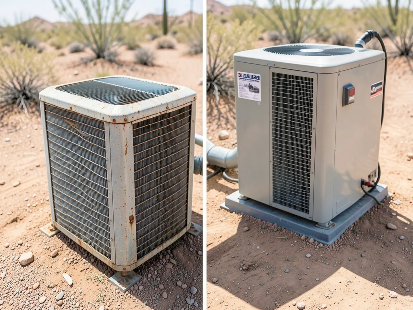 Aging builder-grade condensing unit installed on a residential sideyard gravel pad in San Tan Valley